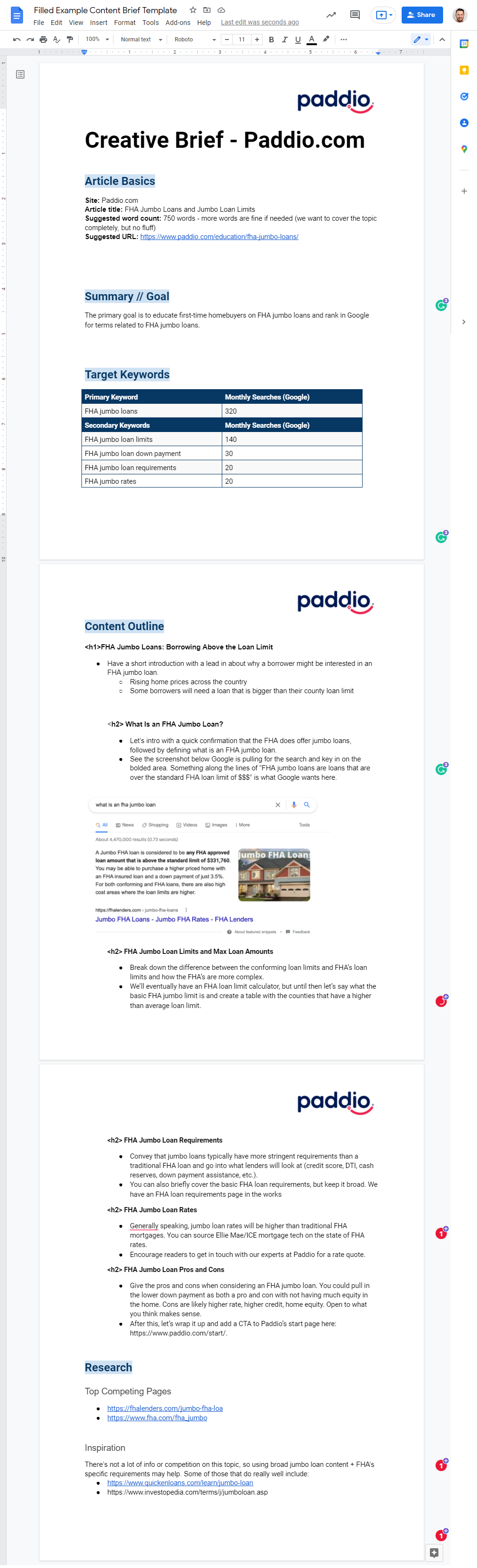 Filled Example Content Brief Template Google Docs